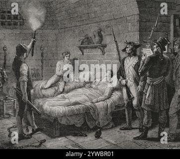 French Revolution. 8 Thermidor Year II (July 26, 1794). Jean Simon Loizerolles (1733-1794) gave himself up to be executed in place of his son, François Simon Aved de Loizerolles (1772-1845), while he was deeply asleep in his cell, in Saint Lazare prison, when the guards went to take him. Drawing by Renaud. Engraving by Meyer. 'History of the French Revolution'. Volume I, part 2, 1879. Stock Photo