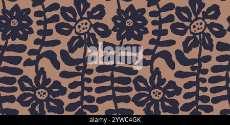 Brush strokes inky flowers brown seamless pattern Stock Vector