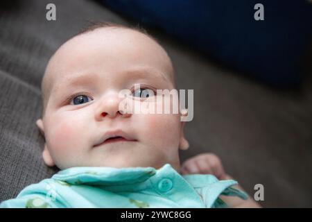 Close-up portrait of a baby boy lying on a sofa Stock Photo