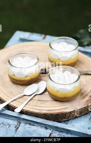 Close-up of individual servings of lemon meringue pies on a wooden chopping board Stock Photo