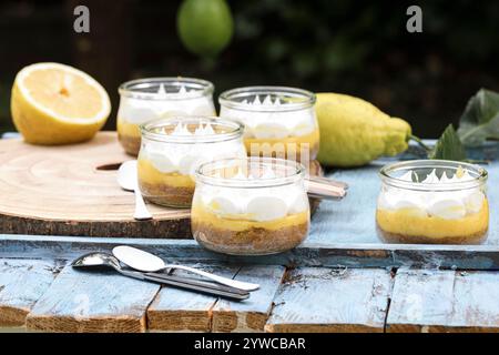 Close-up of individual servings of lemon meringue pies on a wooden chopping board with fresh lemons Stock Photo