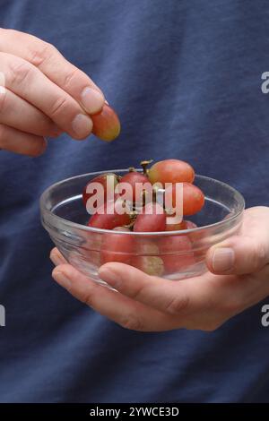 Close up of Caucasian male hand holding bowl of grapes. Stock Photo