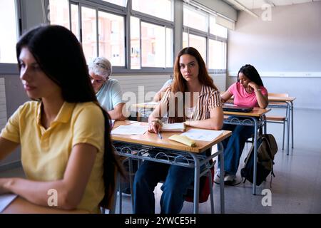 Portrait Caucasian young woman student sitting earnest at desk with classmates in classroom.  Stock Photo