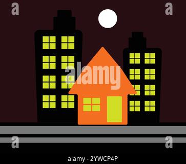 Orange house standing out among dark buildings at night with full moon Stock Vector