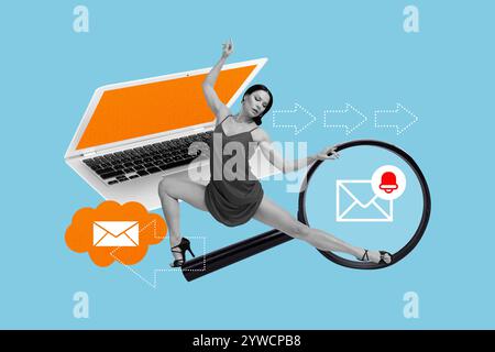 Trend composite sketch template 3D photo collage of netbook virtual technology online computer message zoom young woman dance passion Stock Photo