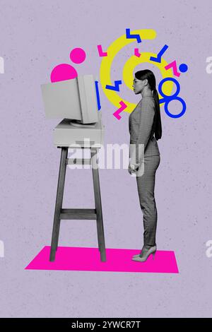 Composite trend artwork sketch image 3D photo collage of young woman formal wear stand computer monitor obsolete mechanic key puppet Stock Photo