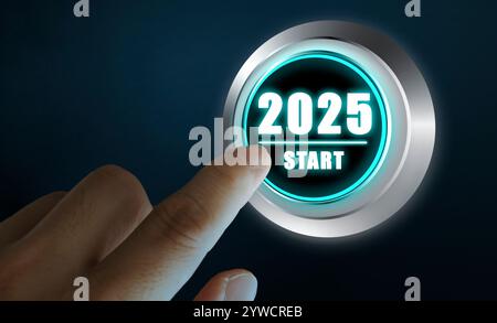 Finger about to press a car ignition button with the text 2025 start. Year two thousand and twenty five concept. Composite image between a hand photog Stock Photo