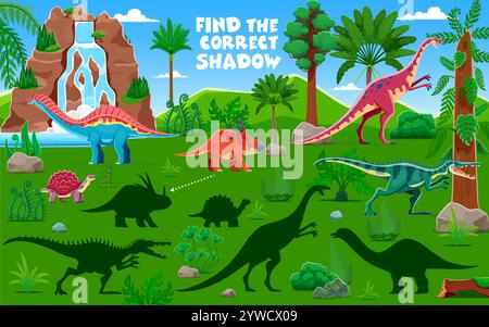 Kids game worksheet, find the correct shadow of prehistoric dinosaurs. Vector educational riddle featuring dino species in tropical forest engaging kids matching each dinosaur to its correct shadow Stock Vector