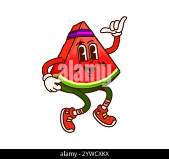 Groovy cartoon watermelon slice funny character on fitness. Fresh and juicy watermelon happy vector personage, delicious fruit funny groovy mascot or summer dessert cheerful character wearing headband Stock Vector