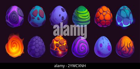 Dragon and dinosaur monster eggs, game asset. Vector UI elements of cartoon fantasy crystal ice, fire flame, magma and cracked stone eggs of dino reptile, fairytale dragon animal or phoenix bird Stock Vector