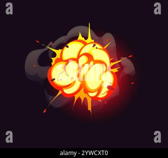 Cartoon boom cloud, bomb blast explosion effect, comic fire and smoke. Vector dynamic vivid orange and yellow bursts of fire, dynamite burst or the atomic war impact surrounded by black smoke clouds Stock Vector