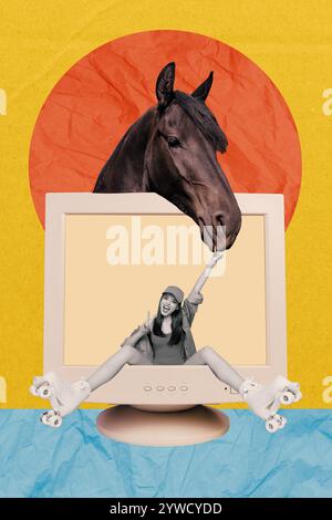 Sketch image artwork composite 3D photo collage of computer monitor obsolete young woman sit roller skates horse head animal nature Stock Photo