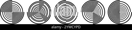 Black radial spiral pattern set. Circular rotating speed line form collection. Spinning circle sound wave concept. Abstract music waveform element pack for icon, badge, logo, tag, label. Vector Stock Vector