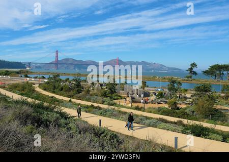 Walking path at Tunnel Tops Outpost playground at The Presidio, San Francisco, California; view of the Golden Gate Bridge and recreation area. Stock Photo