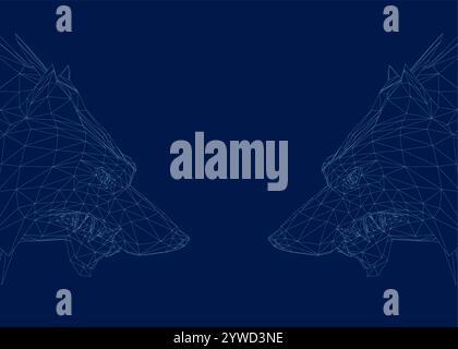 Background with two heads opposite each other. Wireframe Wolf Head line Art Vector Illustration. 3D Stock Vector