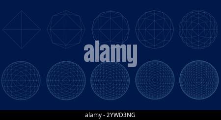 Grid spheres. 3D globes with abstract net or wireframe for chemical or biology, infographic, round particles structure concept. Vector set connect in Stock Vector