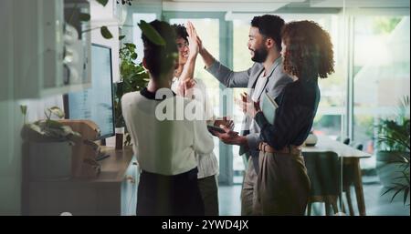 People, tech and high five in company for finance, investment success and graph on screen. Office team, excited and gesture in workplace for business Stock Photo