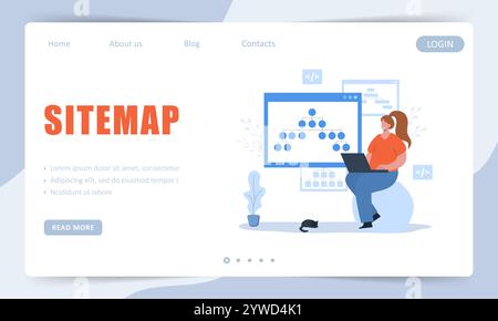 Sitemap Creation process. Landing page template. SEO optimization. Female Developer organizes site architecture. Vector illustration Stock Vector