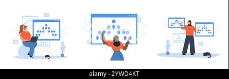 Sitemap Creation process. Set of Vector illustrations. SEO optimization. Female Developer organizes site architecture. Diagram and structure website Stock Vector