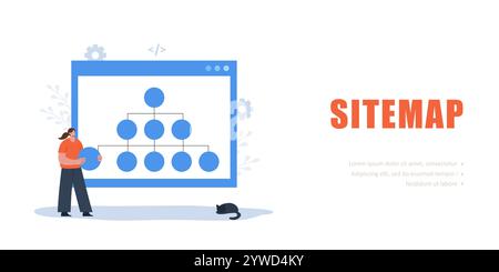 Sitemap Creation concept. Female Developer optimization site structure. Website navigation for the user. Vector illustration Stock Vector