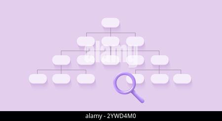 Sitemap 3D icon with magnifier. Flowchart UI UX. Vector illustration. Architecture site concept. SEO optimization. Perfect for web and app interfaces Stock Vector