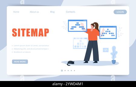 Sitemap concept. Landing page template. Website navigation for the user. Female Developer creation Strategy. UX designer workflow. Vector illustration Stock Vector