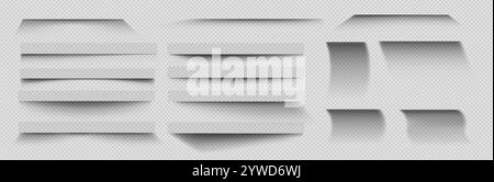 Shadow effect collection - realistic shades set with different gradient opacity, depth and length on transparent background. Dark monochrome tones for page dividers, web elements or modern ui design. Stock Vector