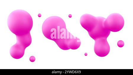Bright pink 3d blobs with smooth rounded shapes floating on white background. Abstract liquid forms with soft gradients. Playful futuristic metaballs. Round aqua splash, oil or lava elements. Stock Vector