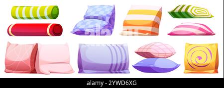Color cushions set isolated on white background. Vector cartoon illustration of square, rectangle and roll shape pillows with striped, checkered, abstract pattern, home textile, bedroom decoration Stock Vector