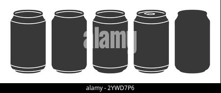 Soda, beer aluminium can icon shape set. Drink packing container logo, sign, silhouette collection. Vector illustration image. Isolated on white backg Stock Vector