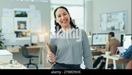 Woman, architect and portrait in office for business, career development and pride for private firm. Designer, happy or tablet in agency for Stock Photo