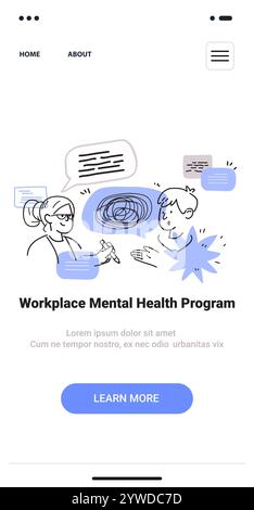 Workplace mental health program discussion doodle style. Two people converse with speech bubbles and abstract shapes in a minimalist mobile app screen Stock Vector