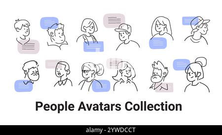 People avatars collection diverse faces doodle style with speech bubbles in pastel colors thin line drawing for web design template Stock Vector