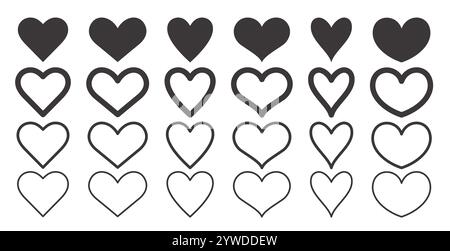 Black heart shape icon clipart outline set. Love white heart drawing symbol for valentine, wedding and anniversary simple silhouette clip art linear Stock Vector