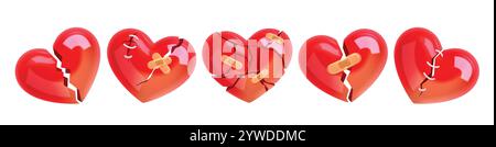 Broken heart shape clipart glass set. Broken red heart icon in glossy, shiny with wound, bandage, patches, plaster and stitches for brokenhearted icon Stock Vector