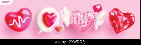 Heart icon clipart valentine set. Heart love clip art symbol with volumetric drawing, speech bubble, inflatable balloon with white wings and poly Stock Vector