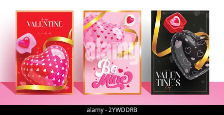 Valentine's day clipart poster set. Valentine greeting card with colorful inflatable hearts balloons, speech bubble and gold ribbon elements in red, Stock Vector