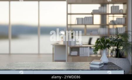 A close-up of a black marble desk in a modern room features a large bookshelf and window. home office, office workspace, 3d render, 3d illustration Stock Photo