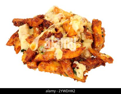 Portion of cheesy dirty fries, fried battered skin on potato chips topped with Monterey jack cheddar cheese Stock Photo