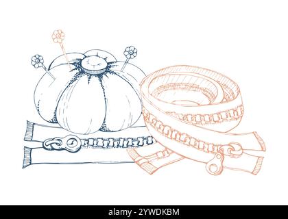 Clothes zippers, textile pin cushion with needles. Hand drawn ink vector illustration sewing craft supplies. Composition isolated on white background Stock Vector