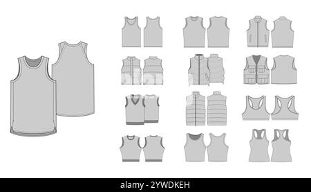 Set of Tanktop, Vest Template - Technical Flat Drawing of Gilet Puffer Vest Racerback Design - Womenswear Vector Technical Illustration - Mens Tank To Stock Vector