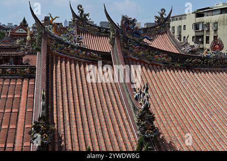 Close-up of ornate dragon motifs and Fujian Hokkien style architectural detailing on the roof of Dalongdong Baoan Temple, Taipei, Taiwan Stock Photo