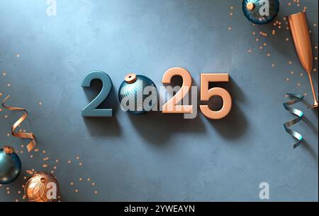 Elegant New Year 2025 scene in blue and gold tones, decorative baubles, champagne glass, ribbons, and confetti on a textured blue background Stock Photo