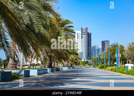 The Abu Dhabi skyline from the Corniche in United Arab Emirates Stock Photo