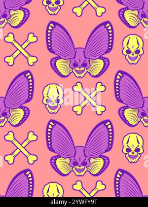 Butterfly Skull pattern seamless. Deadly Butterfly background. Insect Tattoo texture Stock Vector