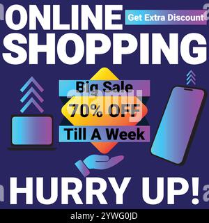 Online Shopping Get Extra Discount Big Sale 70 Percent Off Till A Week Banner Stock Vector