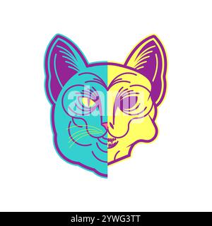 Cat face in and skull. Cat half face half skull. Pet muzzle Stock Vector