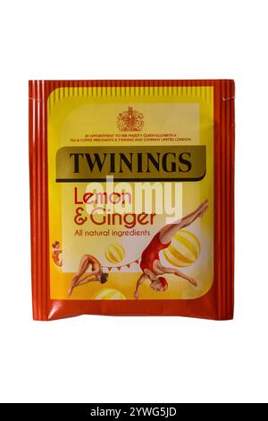 Twinings Lemon & Ginger Tea tea bag teabag all natural ingredients isolated on white background - Royal Warrant Stock Photo