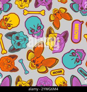 Cat and Skull pattern seamless. Tattoo pet background Stock Vector