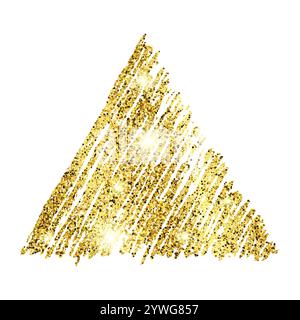 Golden paint hand drawn glittering triangle on a white background. Background with gold sparkles and glitter effect. Empty space for your text.  Vecto Stock Vector